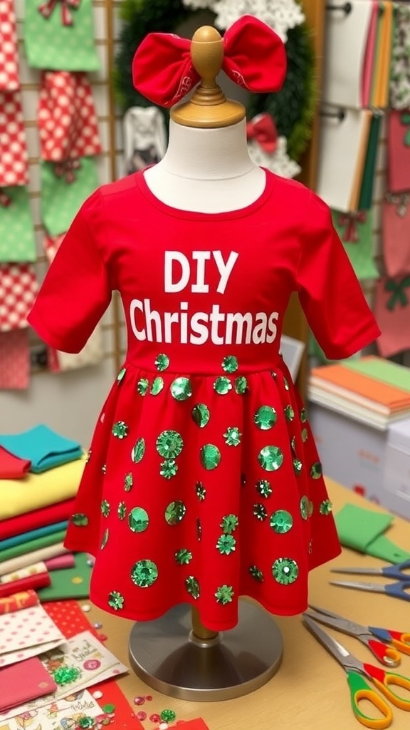 DIY Christmas Outfit Ideas A colorful DIY Christmas outfit with a red dress and green sequins, surrounded by crafting materials.